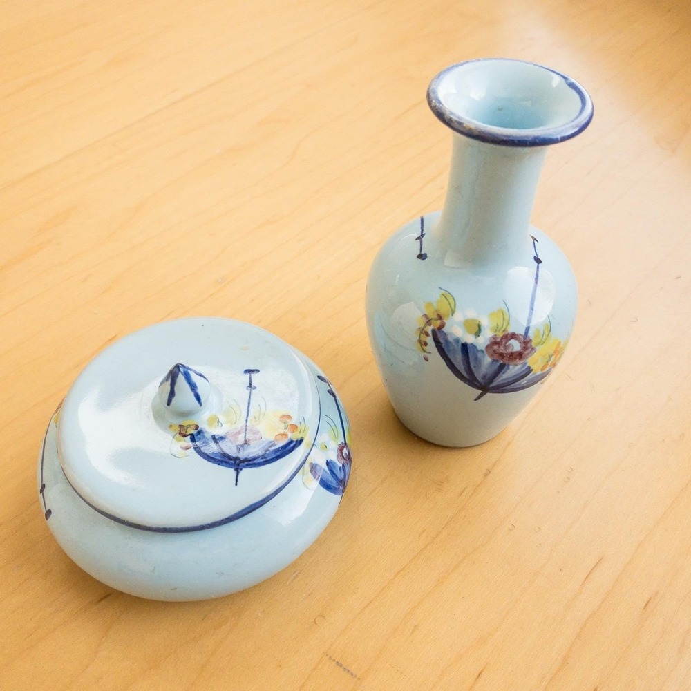 Italy Ceramic Vase and Trinket Jar Set Blue Floral Hand Painted Vintage Ceramic